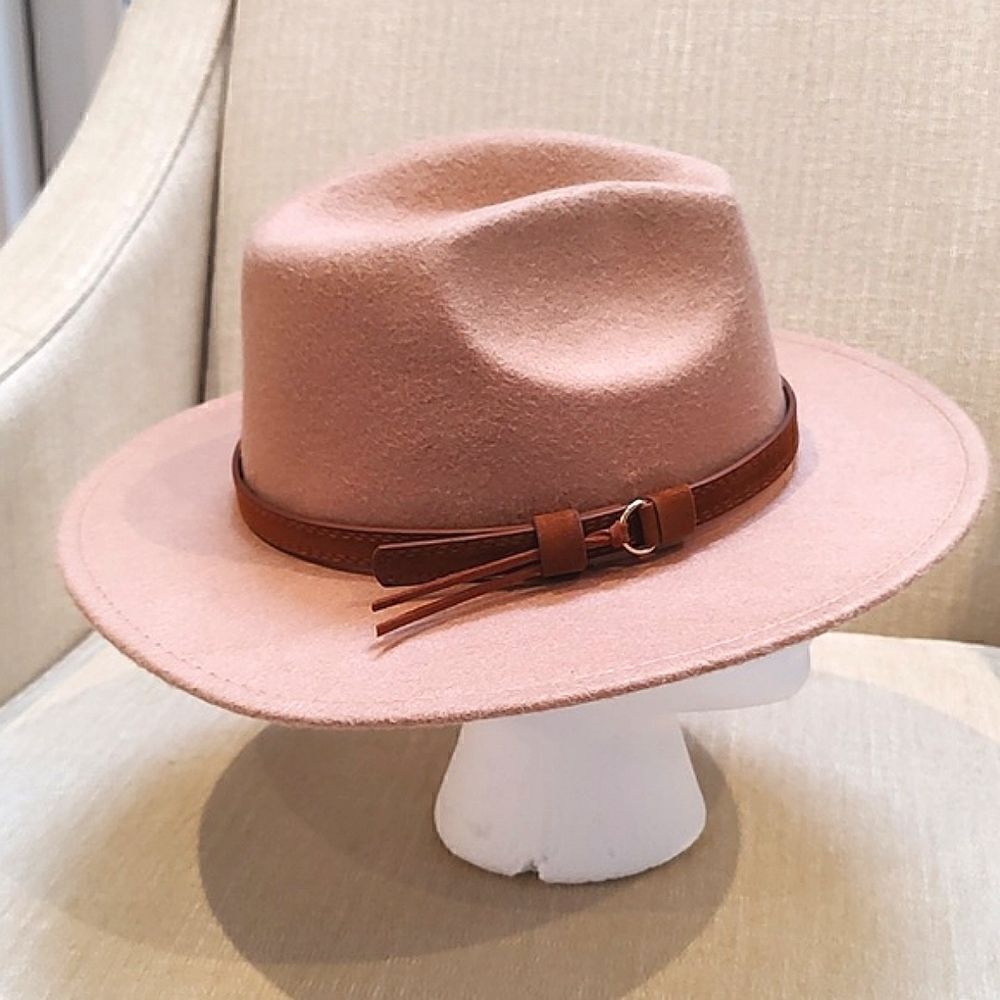Felted Tan Fedora Hat with Brown Fringed Belt Hatband